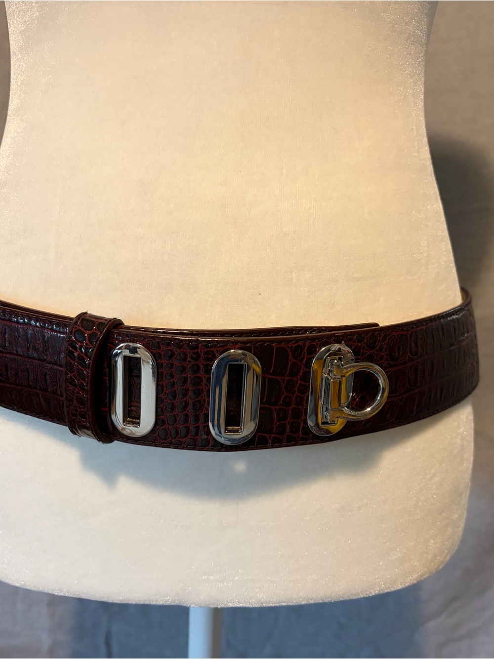 Women’s Dark Burgundy Croc-Embossed Leather Belt with Silver Hardware